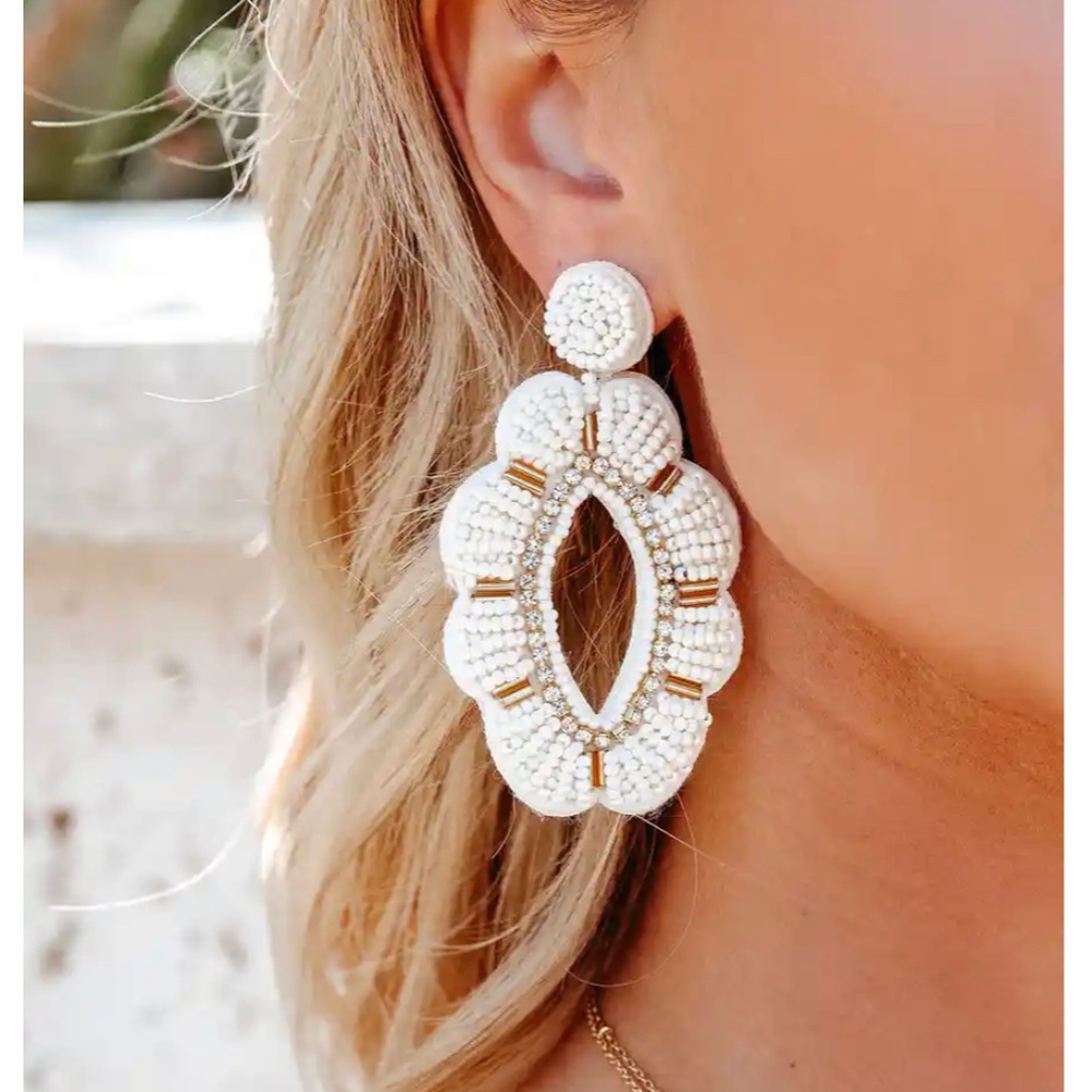 Vici White and Gold Beaded Statement Drop Earrings